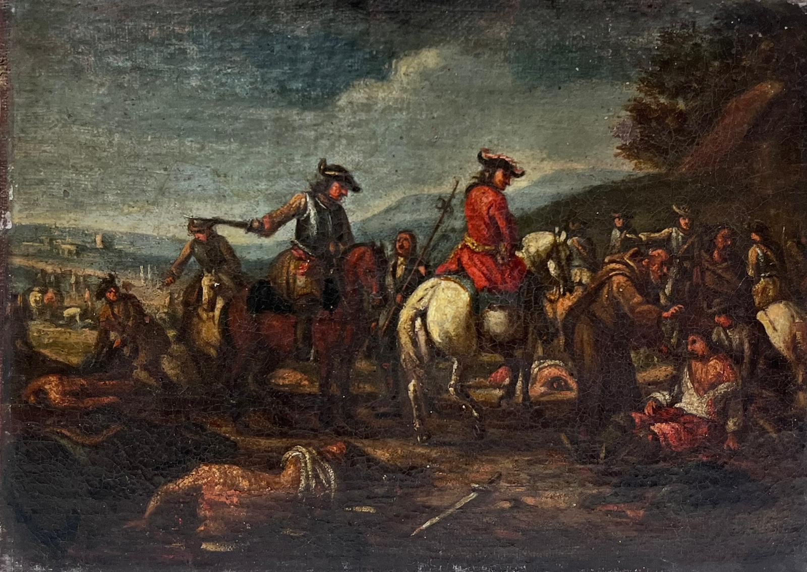Circle of Carel van Falens (1683-1733) Animal Painting - Military Encampment Soldiers on Horseback Dusk Landscape 1700's Oil Painting