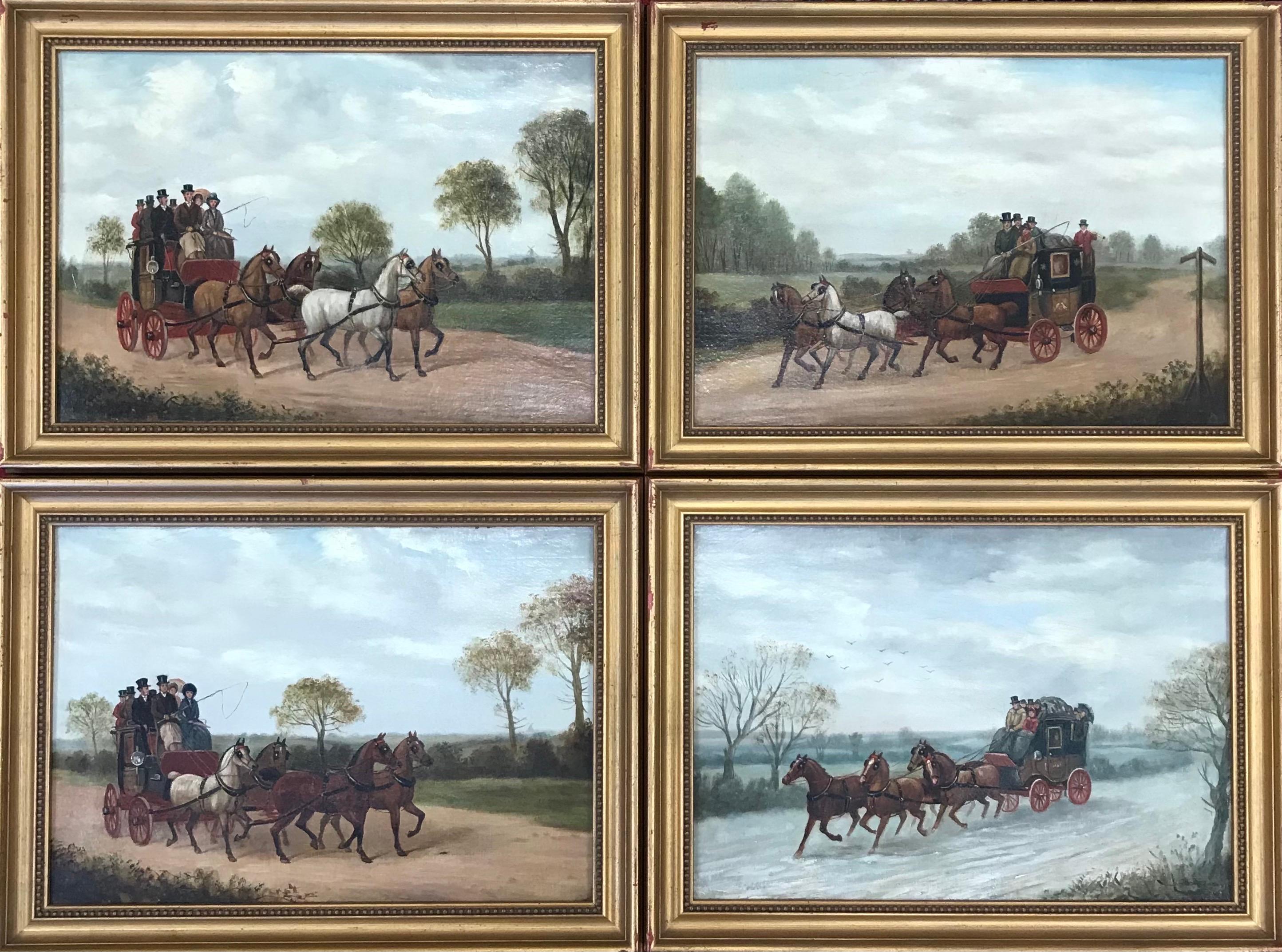 Set of 4 - Fine Victorian Coaching Scene Original Oil Paintings, Coach & Horses