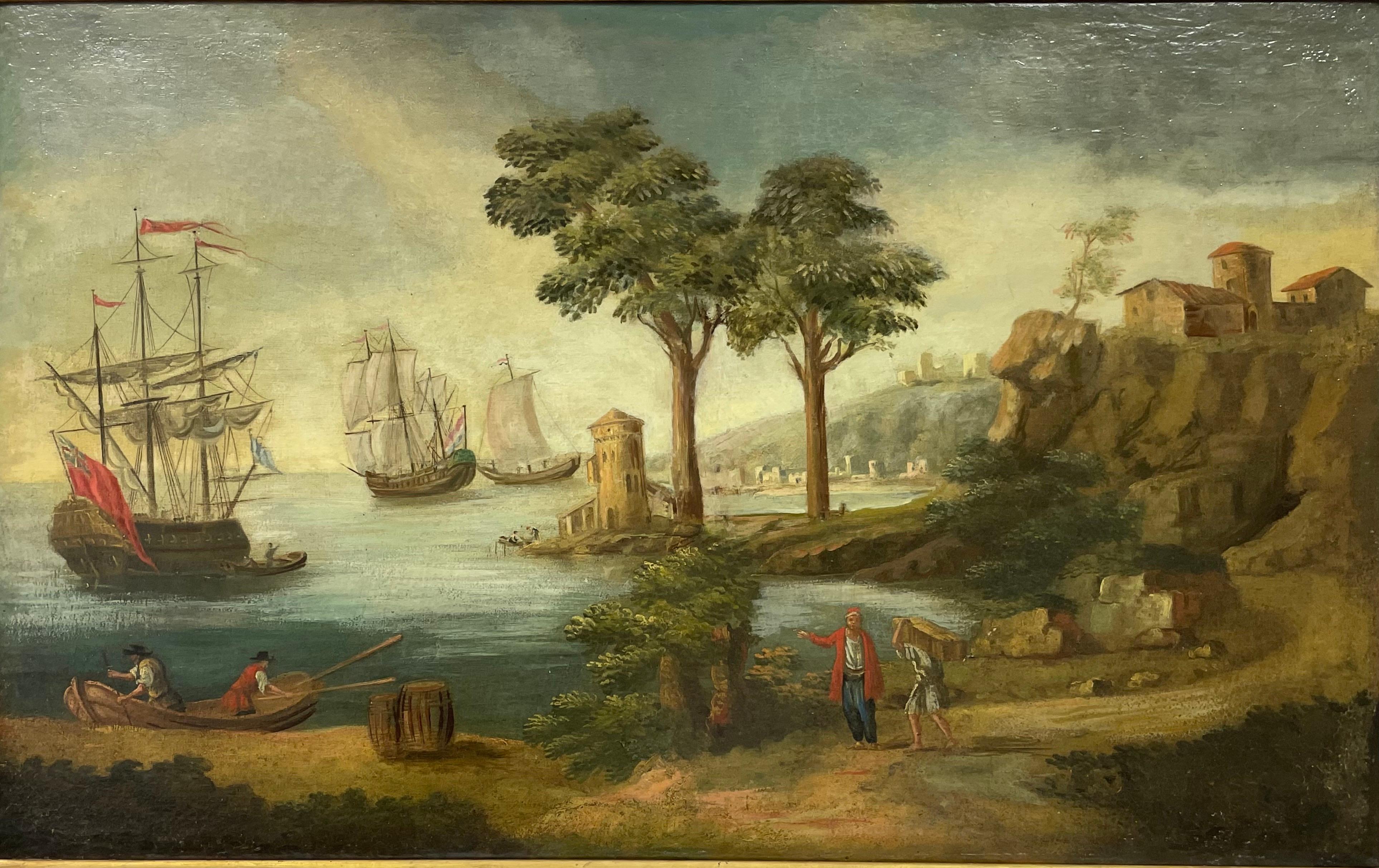 (circle of) Claude-Joseph Vernet Figurative Painting - Huge 18th Century French Marine Oil Painting British & Dutch Ships in Port