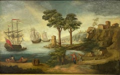 Huge 18th Century French Marine Oil Painting British & Dutch Ships in Port