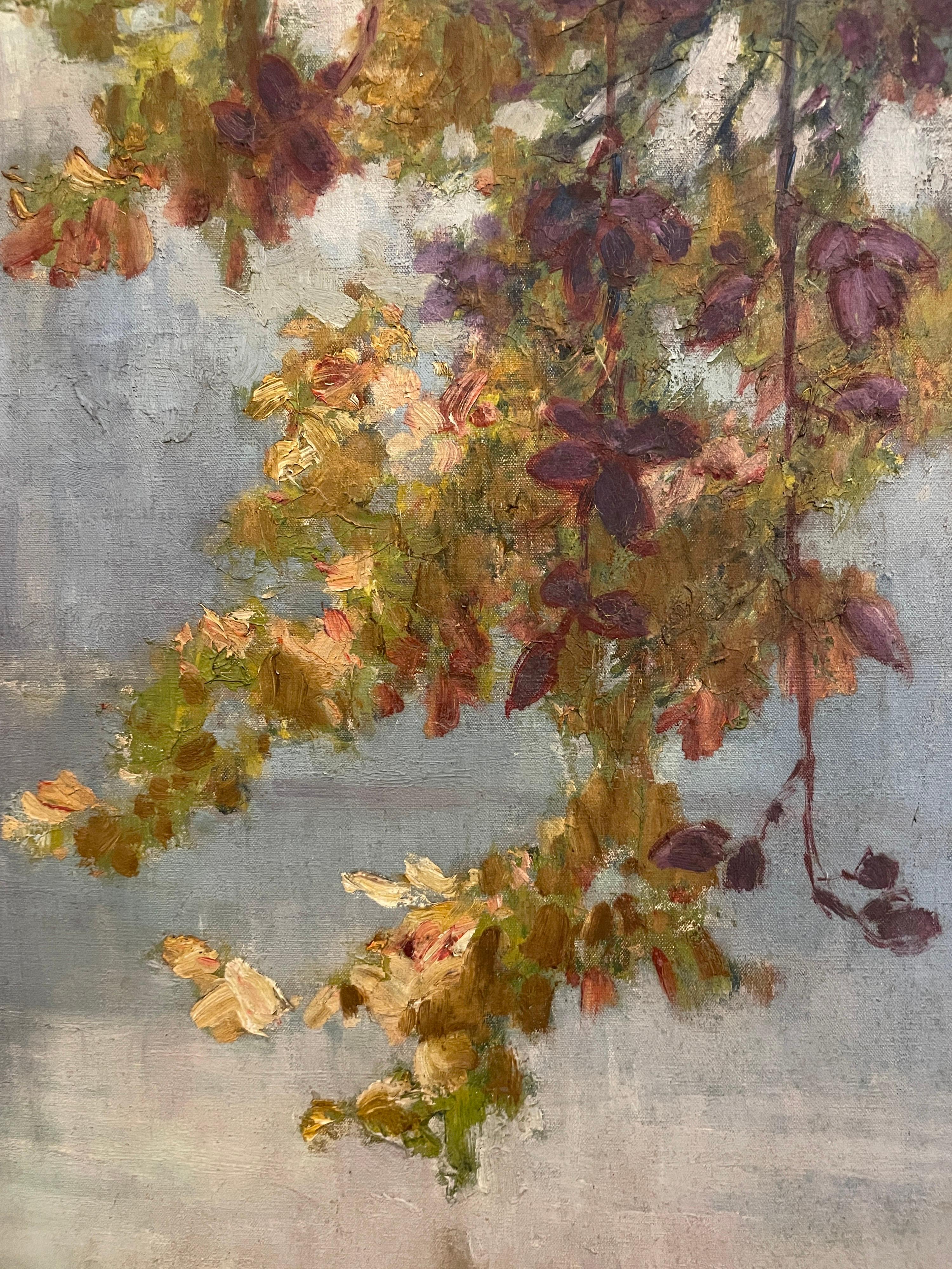 Period 19th Century French Impressionist Oil Painting Autumn Leaves over River 6