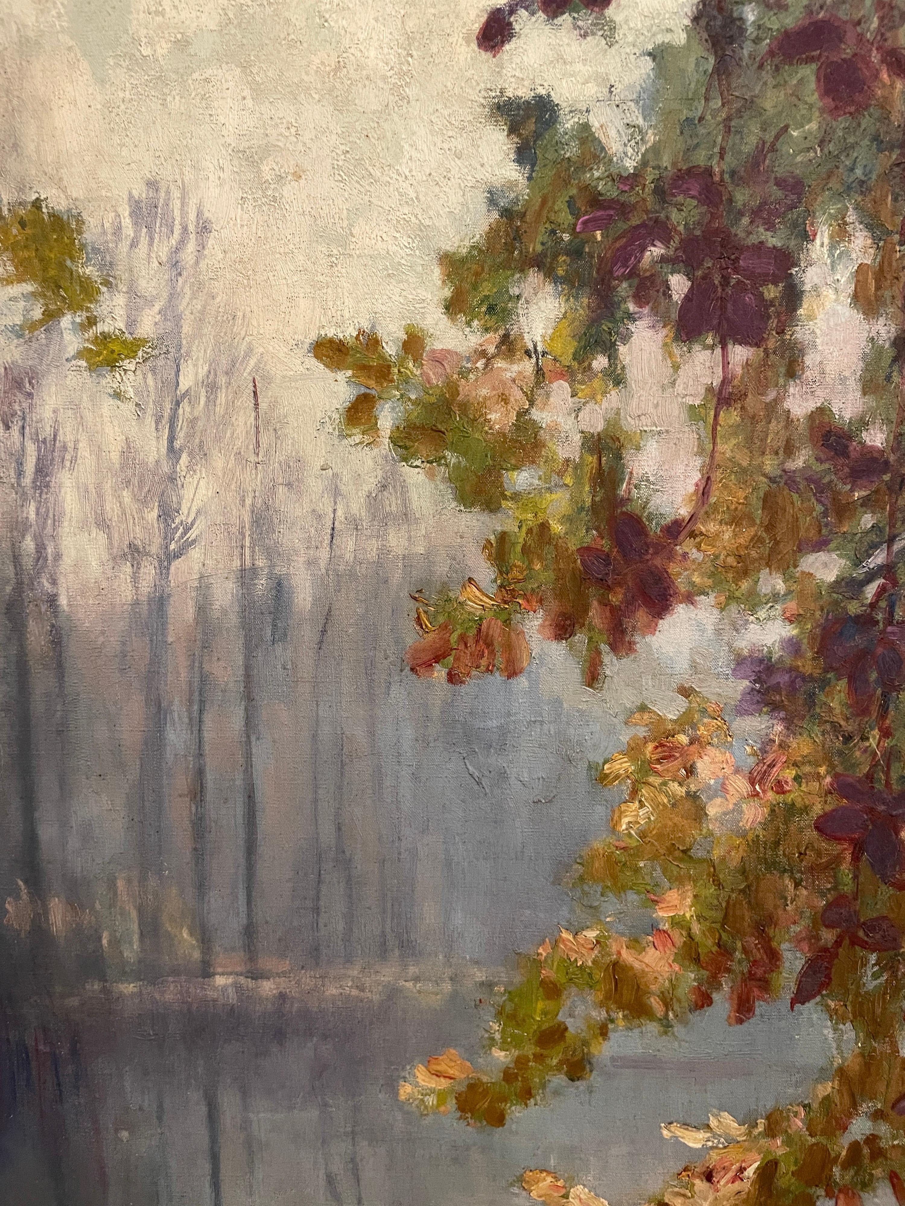 Period 19th Century French Impressionist Oil Painting Autumn Leaves over River 7