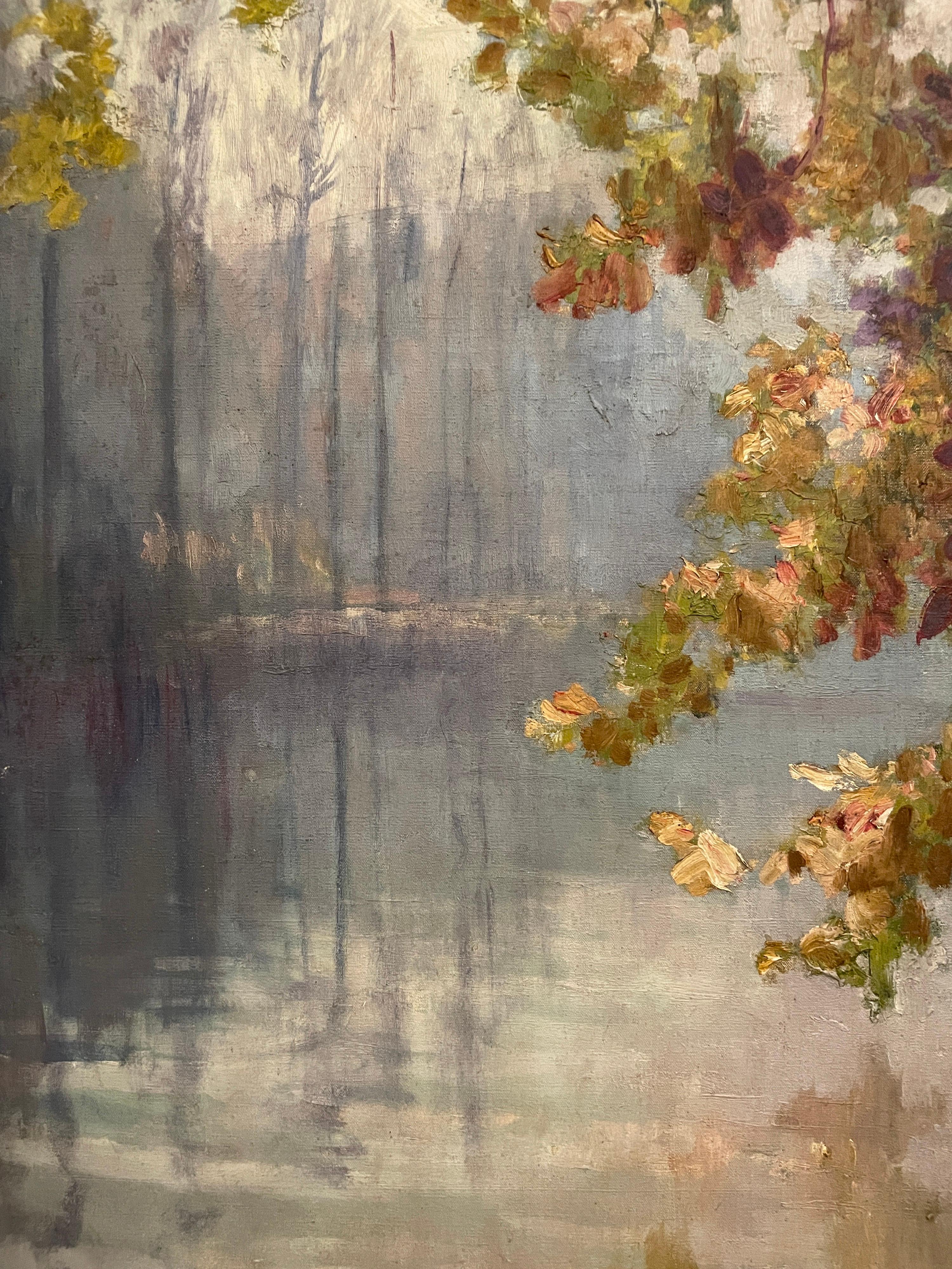 Period 19th Century French Impressionist Oil Painting Autumn Leaves over River - Brown Still-Life Painting by circle of Claude Monet (1840-1926)