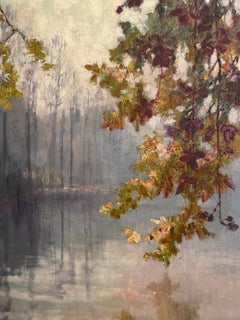 Period 19th Century French Impressionist Oil Painting Autumn Leaves over River