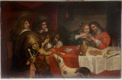 Énorme peinture à l'huile de maître flamande du 17e siècle représentant des figurines de cartes à jouer