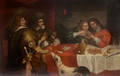 Antique Huge 17th Century Flemish Old Master Oil Painting Figures Playing Cards