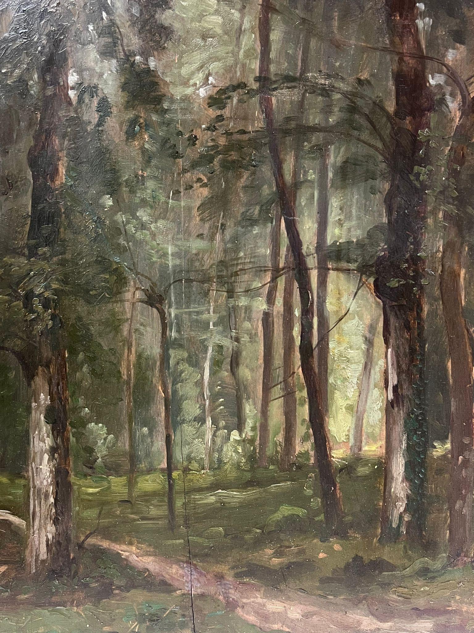 Fine huile de Barbizon du 19ème siècle sur bois cintré Forêt Glade Forest - École de Barbizon Painting par circle of Corot