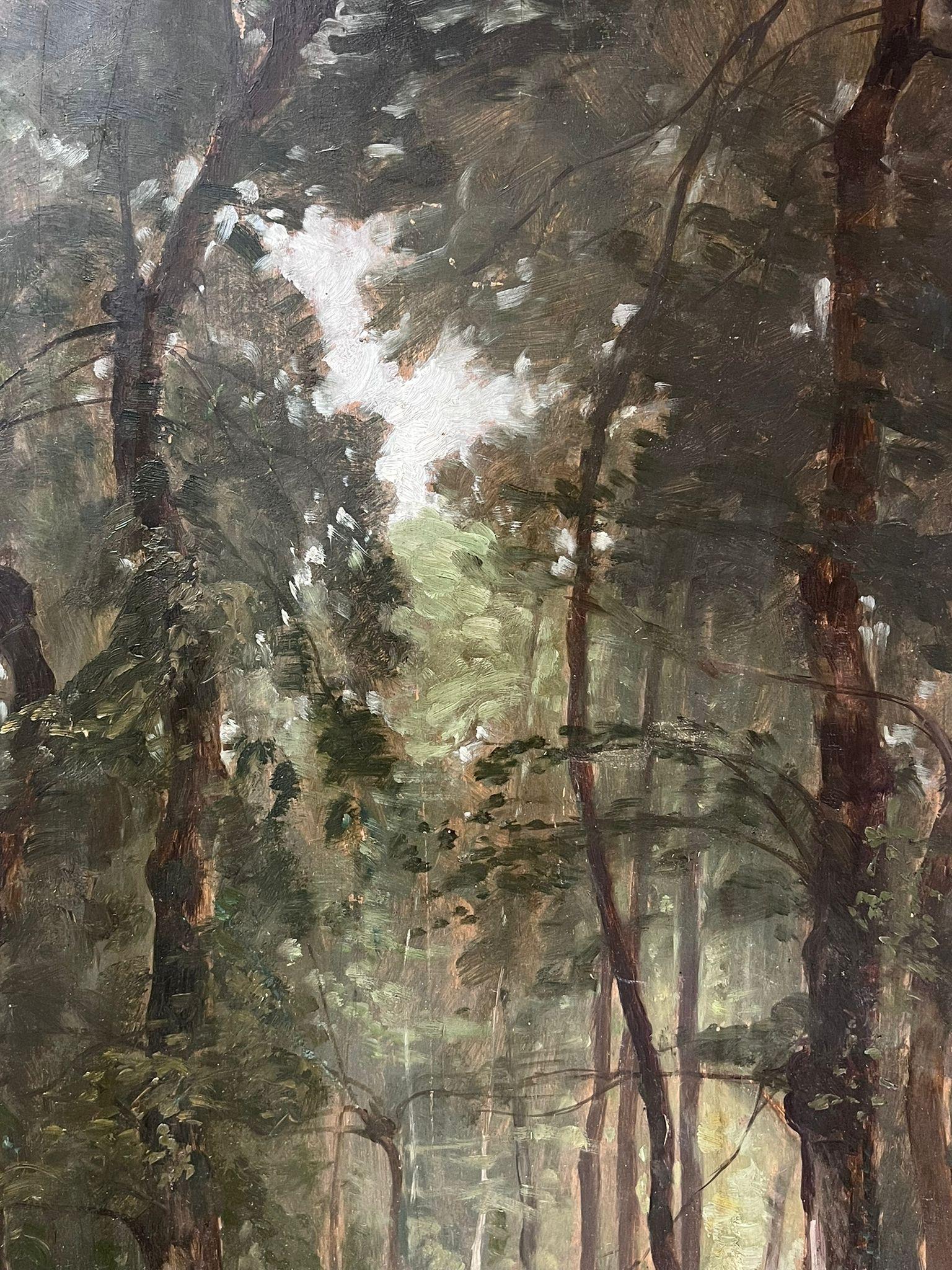 Pregevole olio di Barbizon francese del XIX secolo su legno cullato Wood Wood Glade Forest - Landscape Painting Nero di circle of Corot