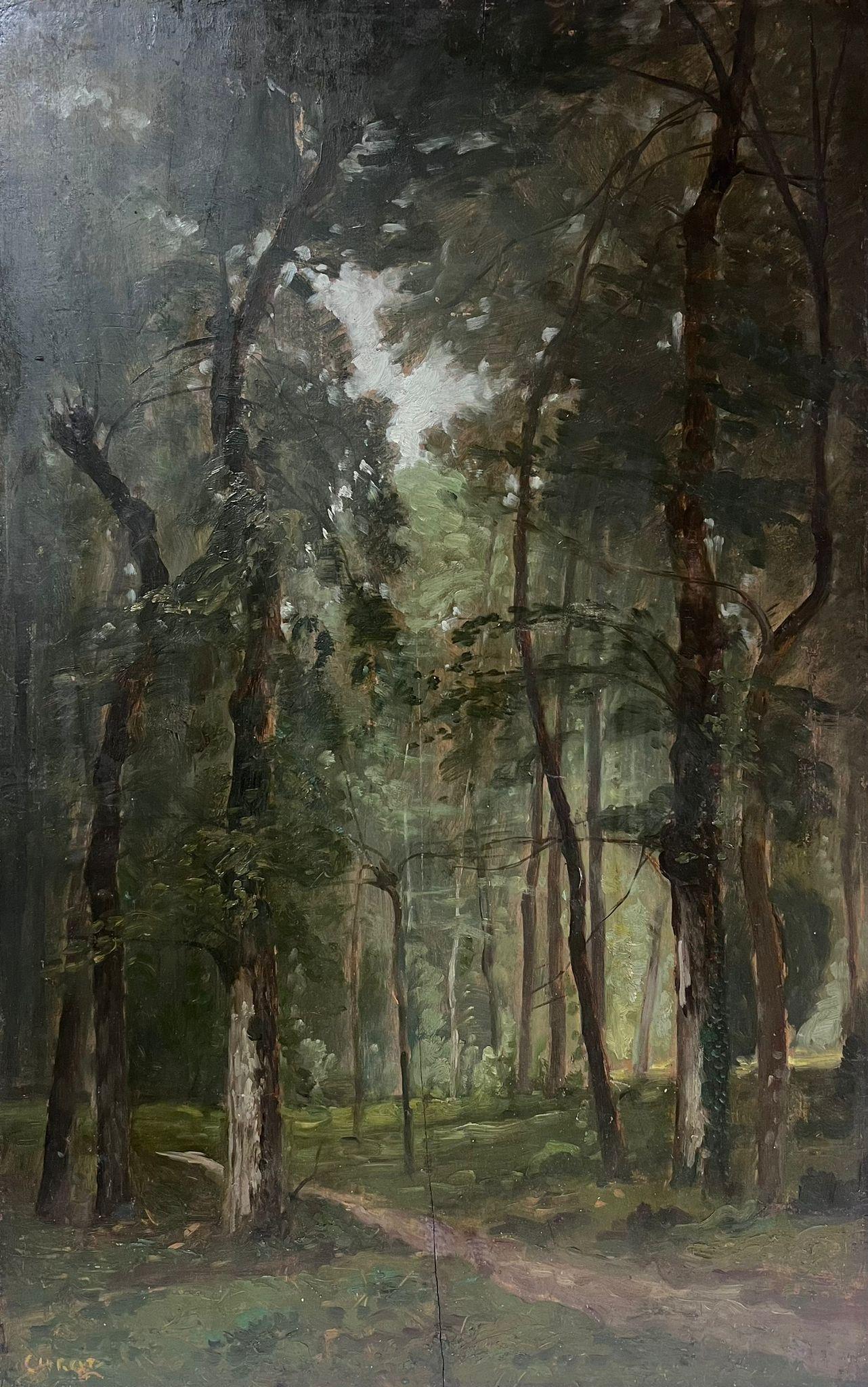 Fine huile de Barbizon du 19ème siècle sur bois cintré Forêt Glade Forest en vente 1
