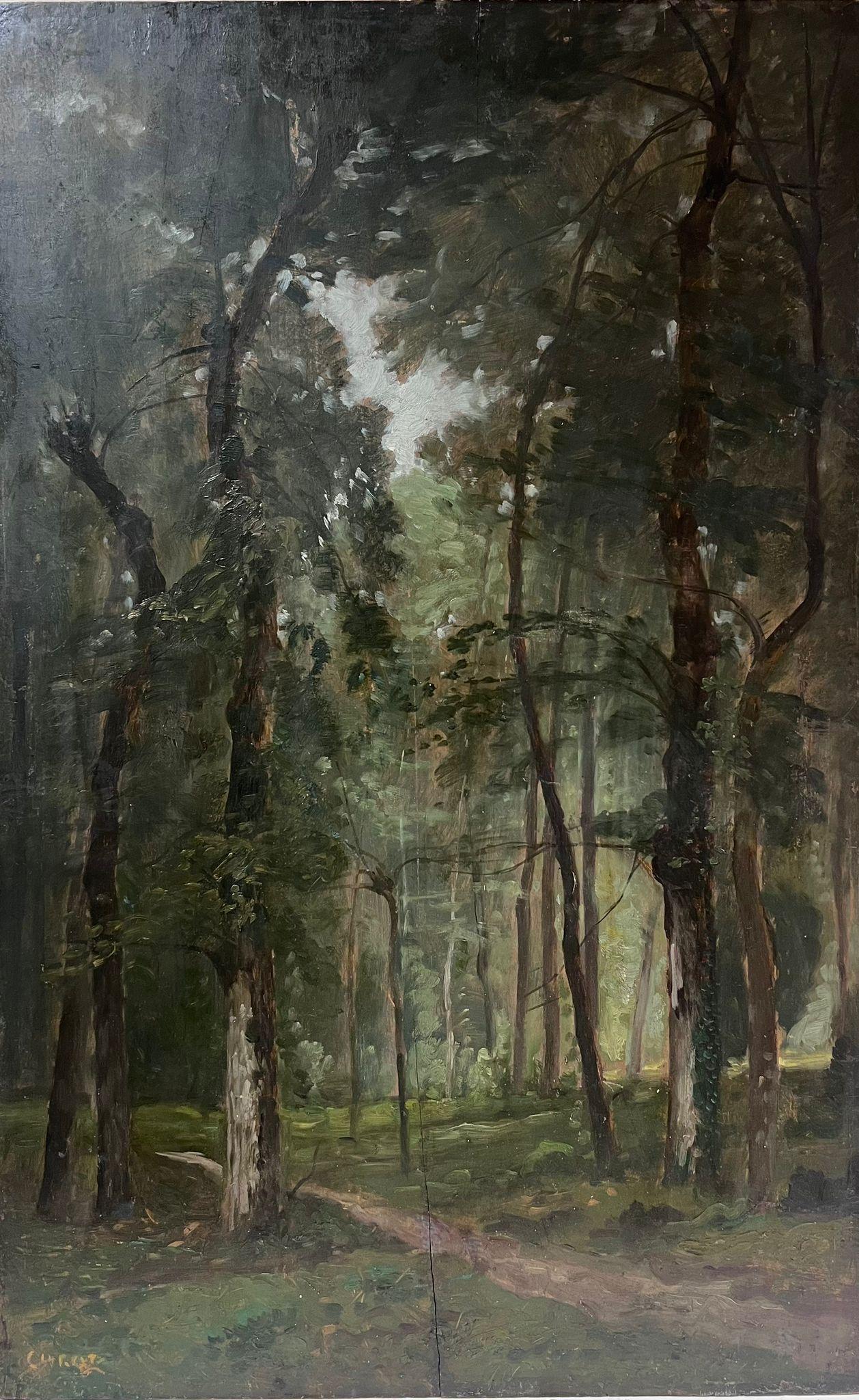 Landscape Painting circle of Corot - Fine huile de Barbizon du 19ème siècle sur bois cintré Forêt Glade Forest