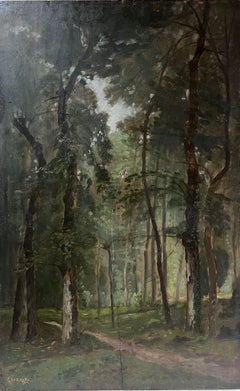 Fine huile de Barbizon du 19ème siècle sur bois cintré Forêt Glade Forest