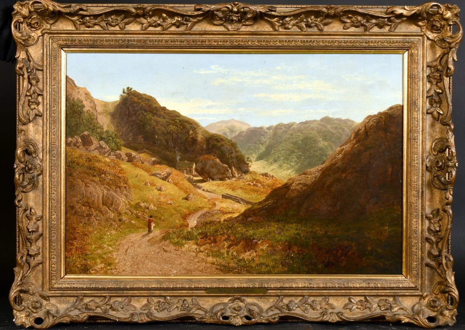 FINE VICTORIAN OIL PAINTING - BORROWDALE LAKE DISTRICT LANDSCAPE VALLEY FIGURE – Painting von (Circle of) David Cox