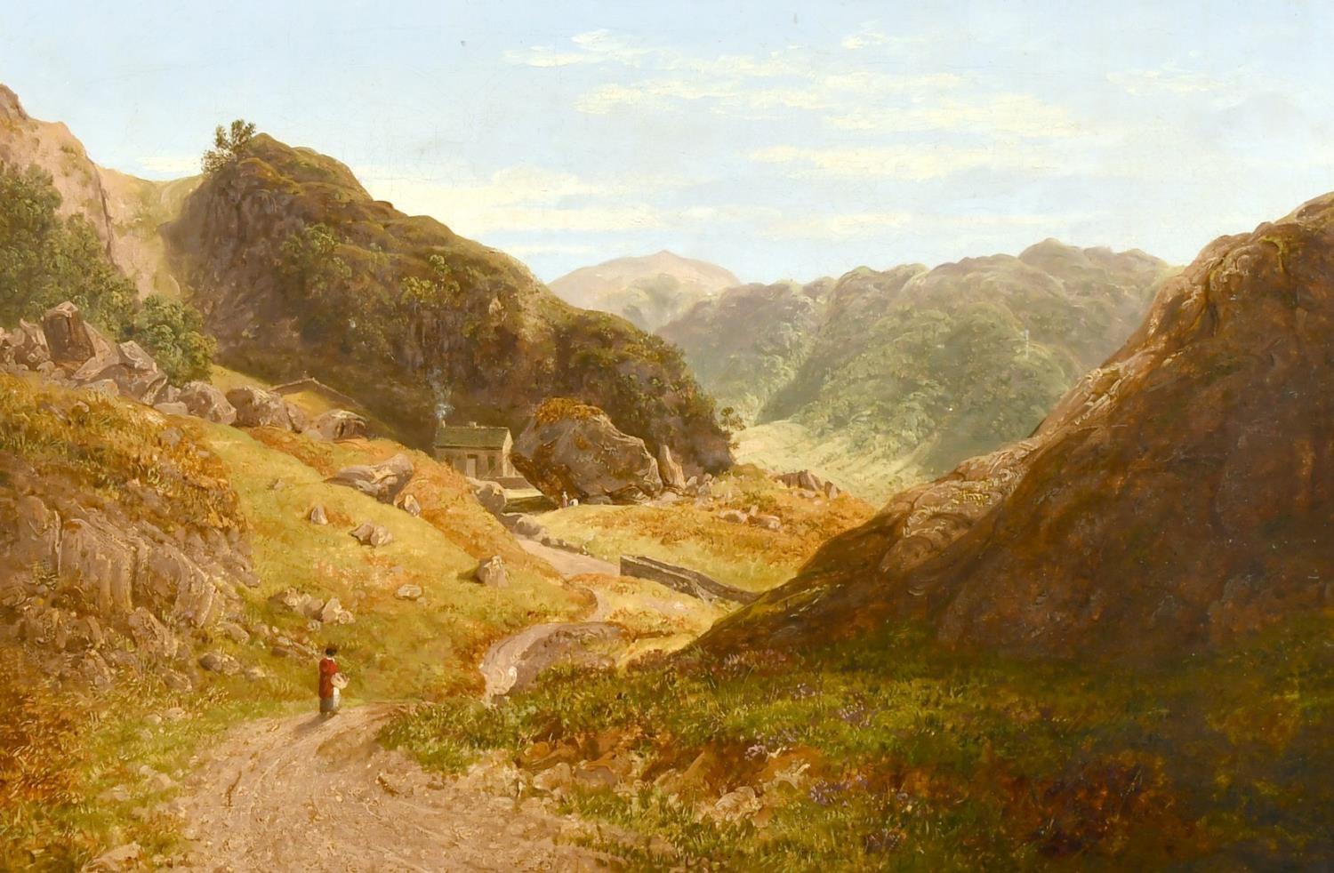 (Circle of) David Cox Figurative Painting - FINE VICTORIAN OIL PAINTING - BORROWDALE LAKE DISTRICT LANDSCAPE VALLEY FIGURE