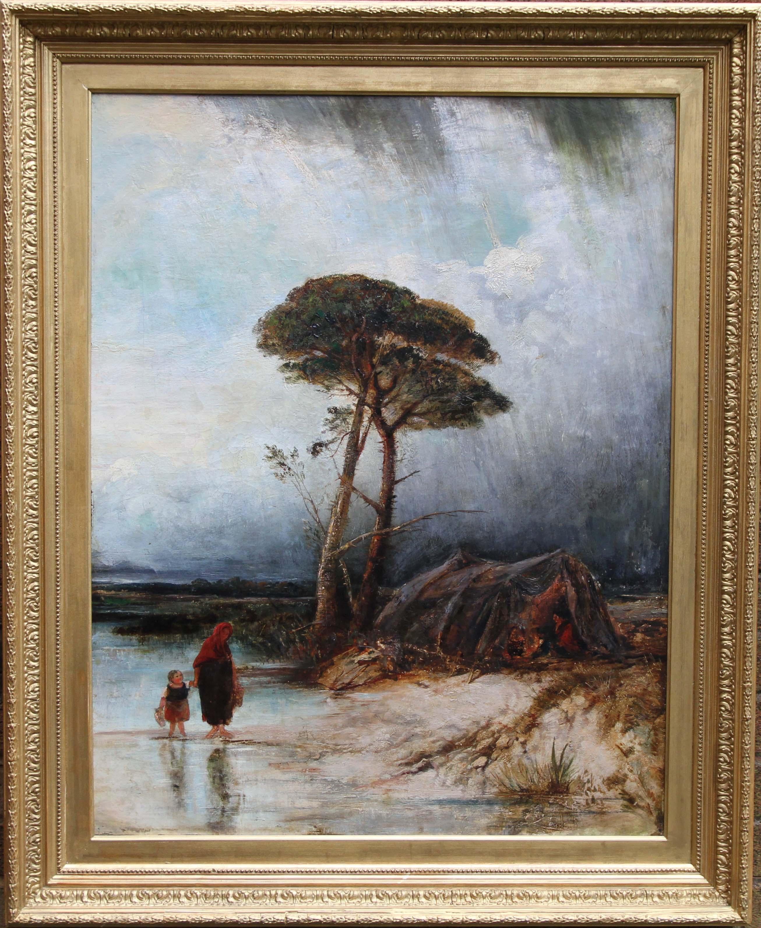 (Circle of) David Cox Figurative Painting - Rainy Landscape - Impressionist Victorian art oil painting famous weather artist