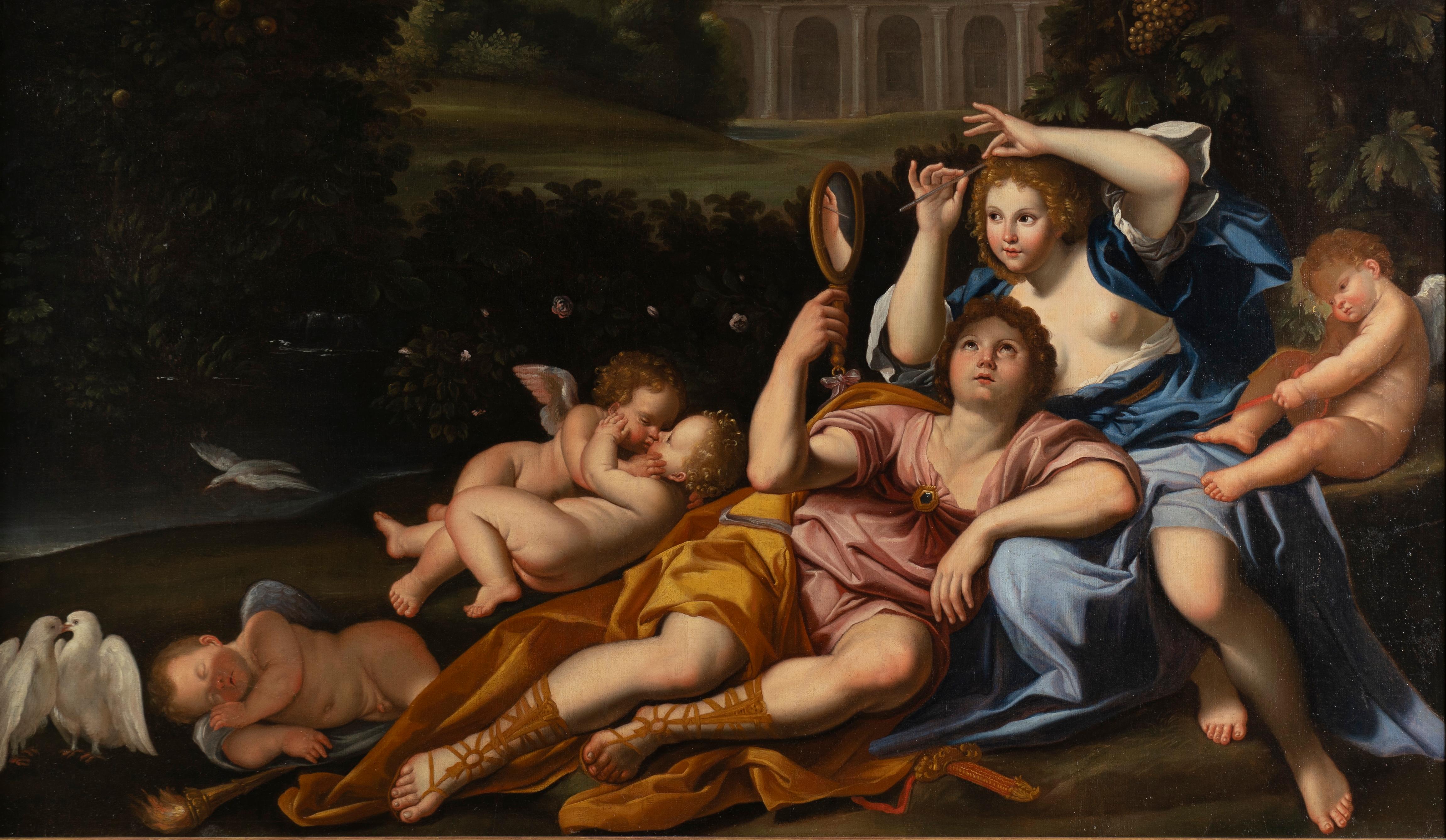 Rinaldo und Armida in Armidas verzaubertem Garten Barock Italien 1700 Mythologie – Painting von Circle of Domenichino, Domenico Zampieri (Bologna 1581 - Naples 1641)