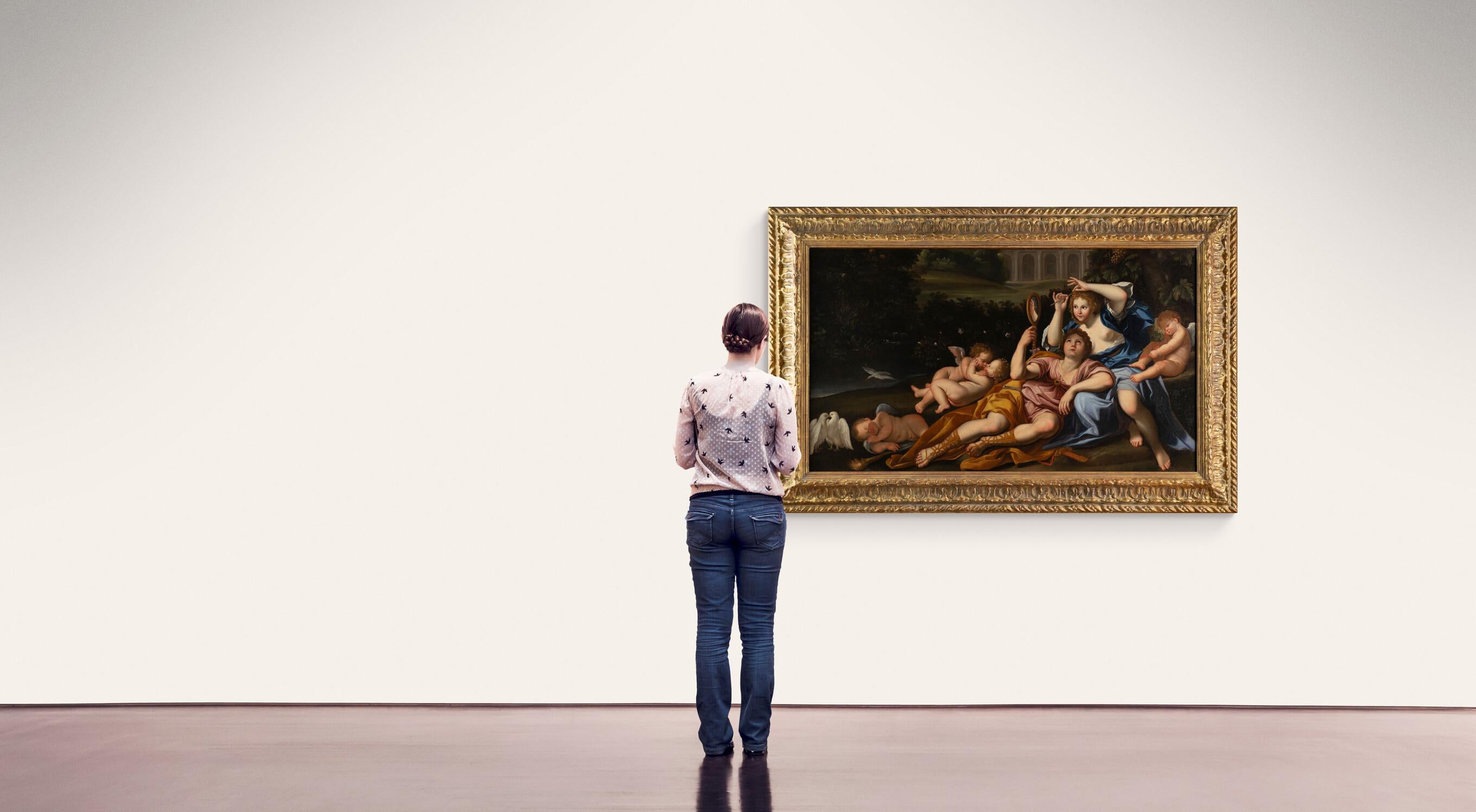 Rinaldo und Armida in Armidas verzaubertem Garten Barock Italien 1700 Mythologie (Braun), Figurative Painting, von Circle of Domenichino, Domenico Zampieri (Bologna 1581 - Naples 1641)