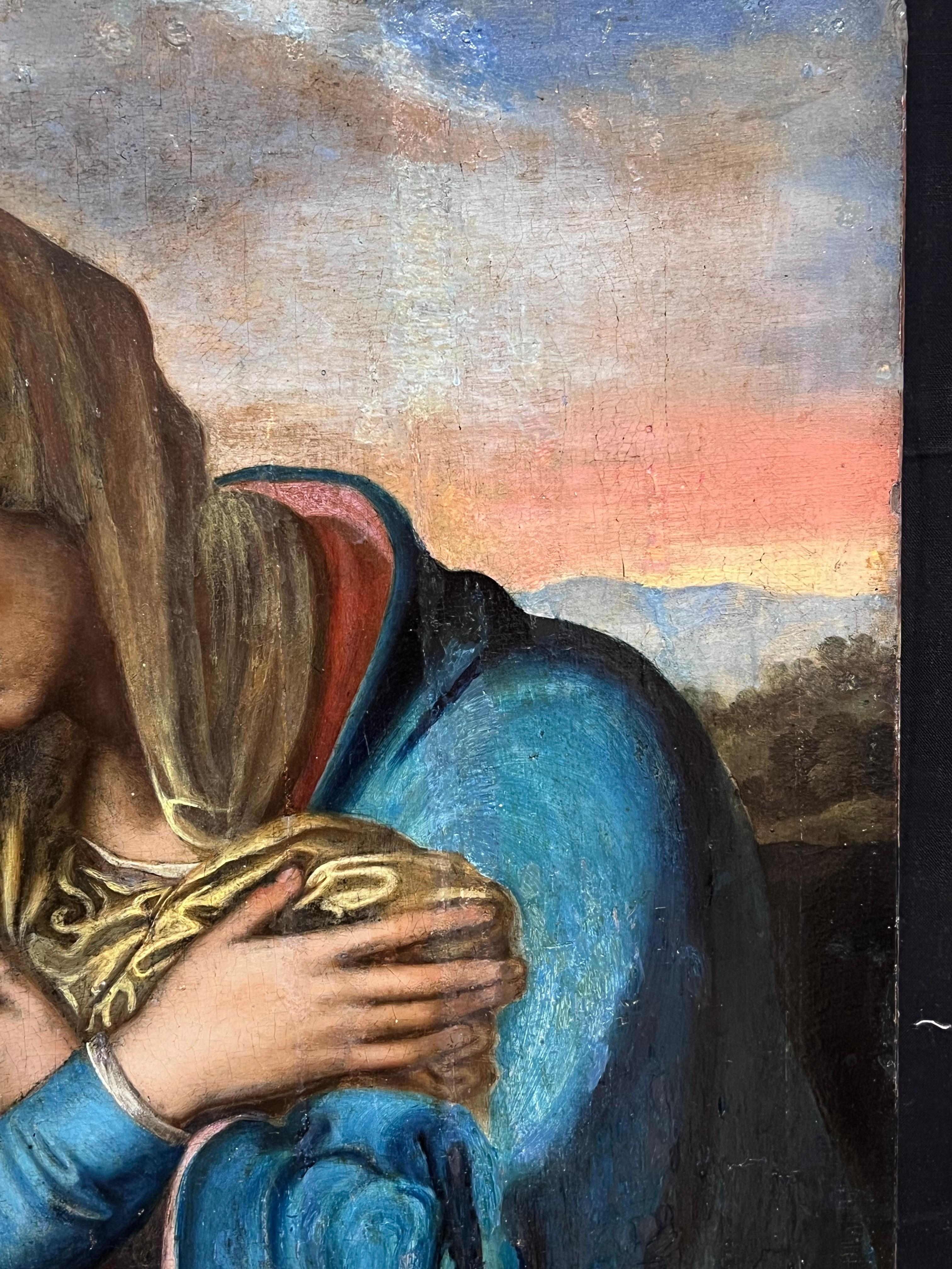 Rarísima pintura al óleo renacentista del Viejo Maestro c. 1600 Óleo sobre tabla La Madonna - Figurative Painting Negro de circle of El Greco