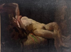 Nude Lady Artists Model in Studio Interior 1850's French Oil Painting Sketch