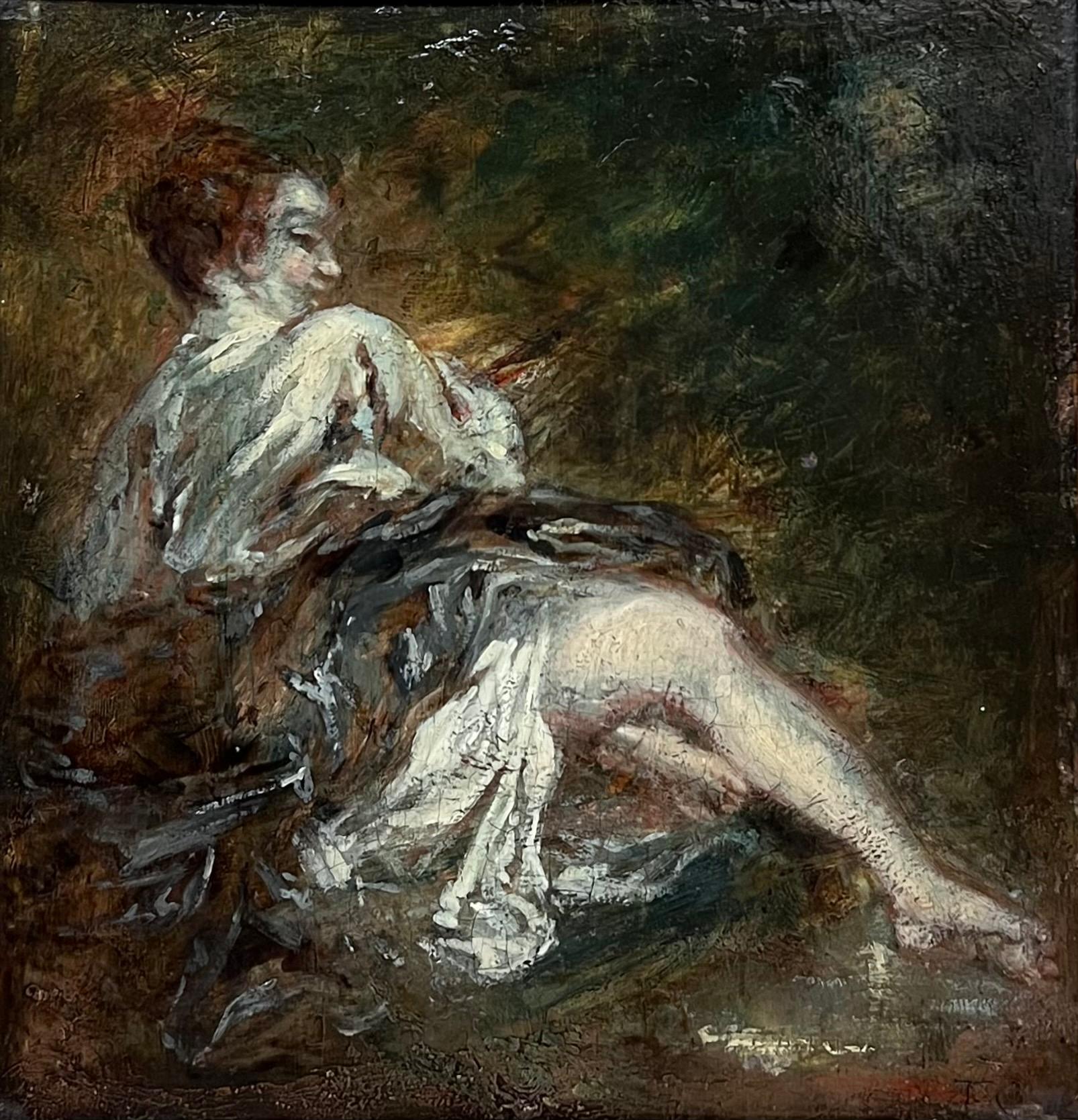 1800's French Rococo Oil Panel Painting Scantily Clad Woman in Wooded Landscape (Braun), Nude Painting, von circle of Fragonard