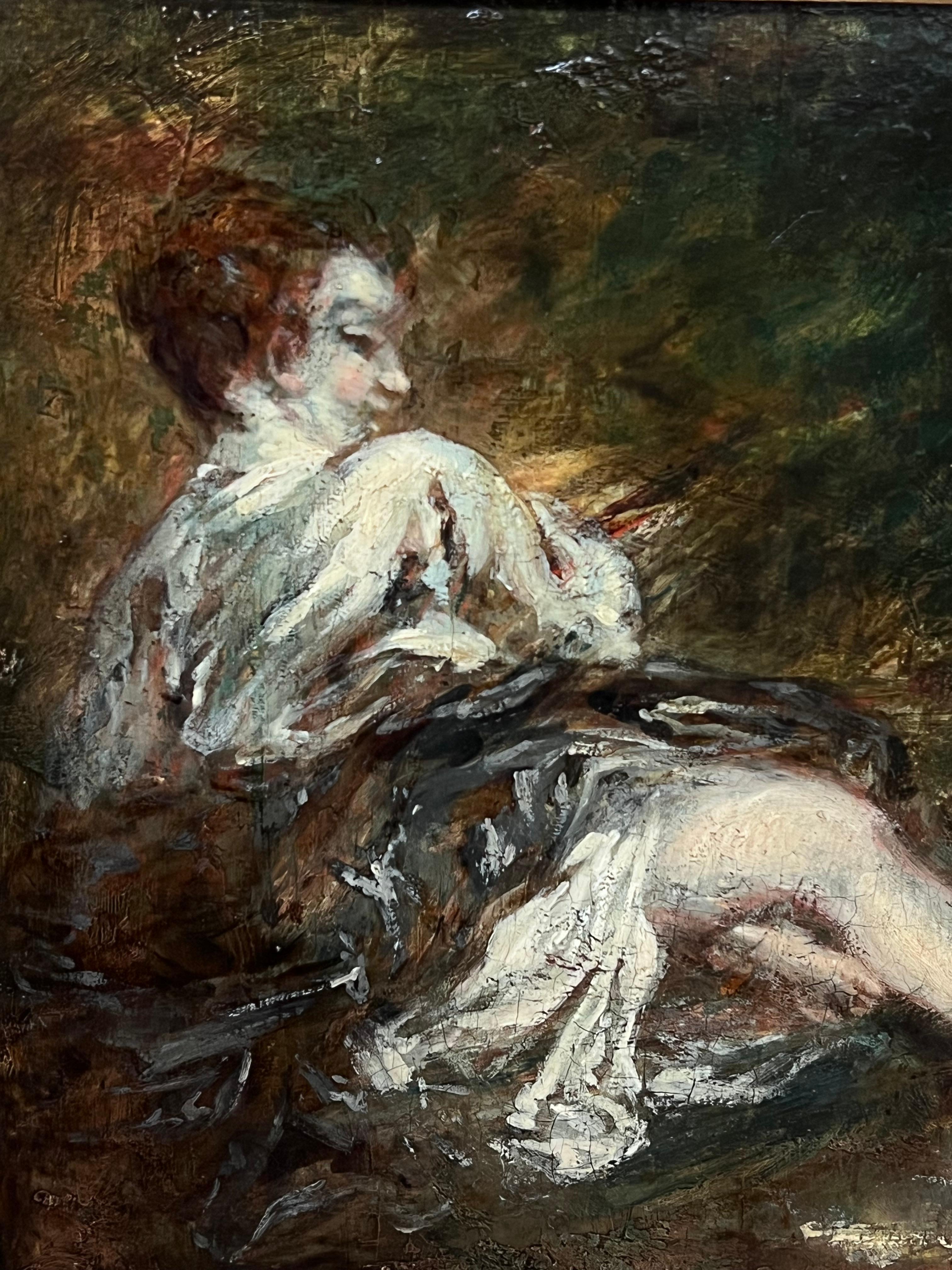 Französische Schule, frühe 1800er Jahre
Kreis von Jean-Honore Fragonard (1732-1806)
Skizze einer spärlich bekleideten Frau in einer natürlichen Waldlandschaft
Ölgemälde auf Holztafel, gerahmt in zeitgenössischem Goldrahmen
Gerahmt: 16 x 16
