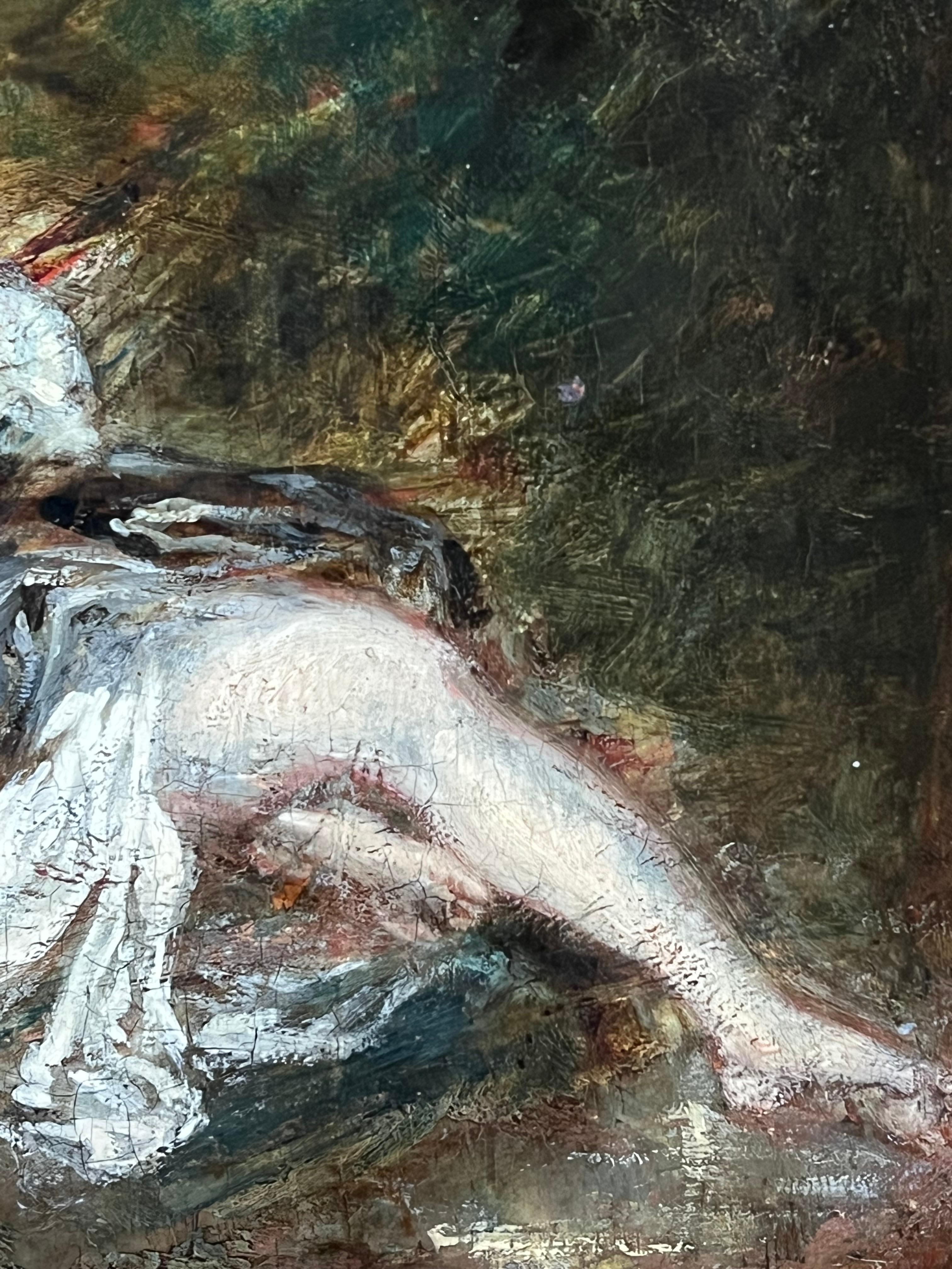 1800's French Rococo Oil Panel Painting Scantily Clad Woman in Wooded Landscape im Angebot 5