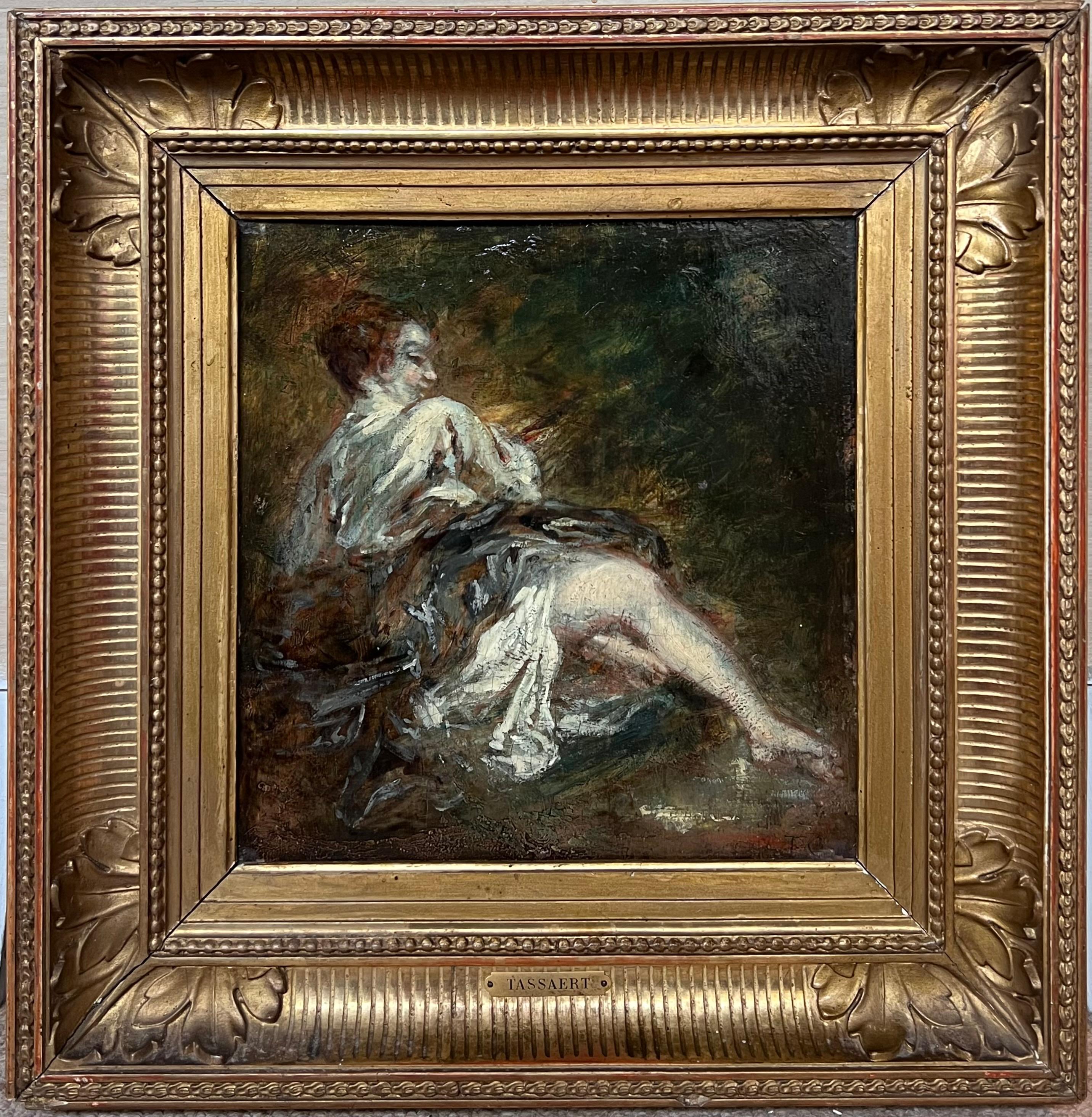 Pittura a olio su pannello French Rococo del 1800 Donna vestita in modo succinto in un paesaggio Wood