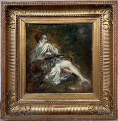 Pittura a olio su pannello French Rococo del 1800 Donna vestita in modo succinto in un paesaggio Wood
