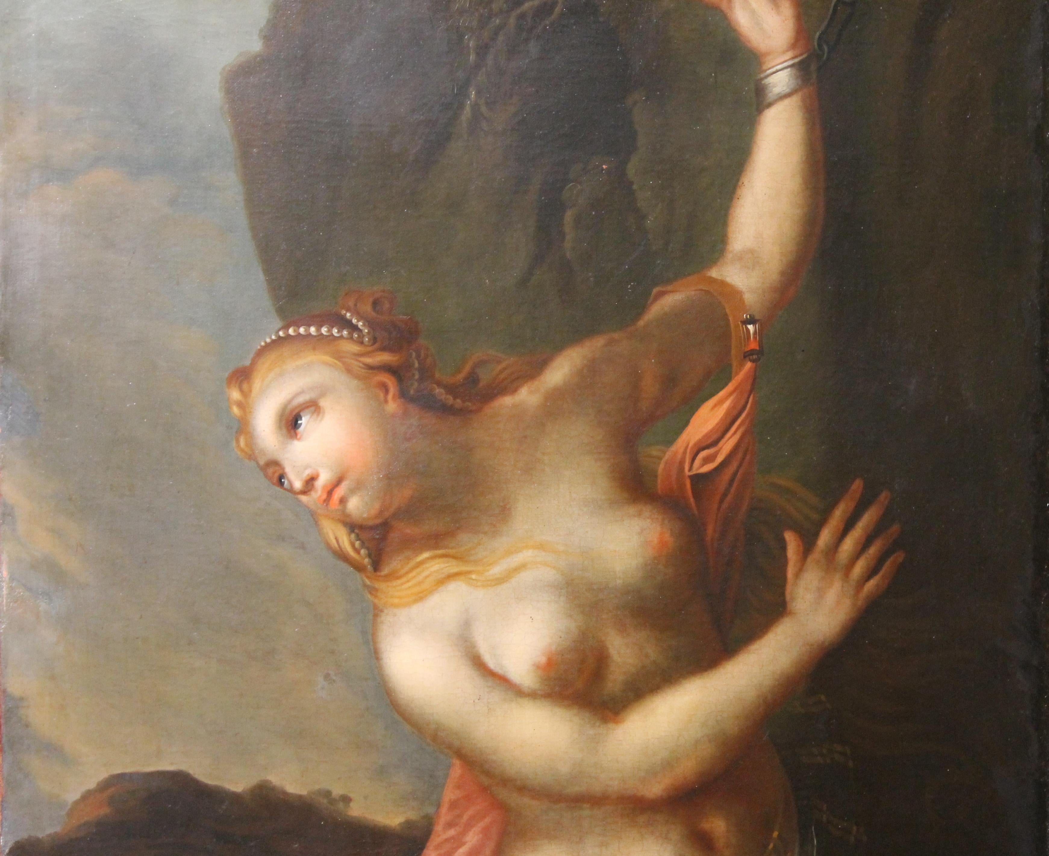 French 18th Century Oil On Canvas Painting Nude Woman Andromeda 1
