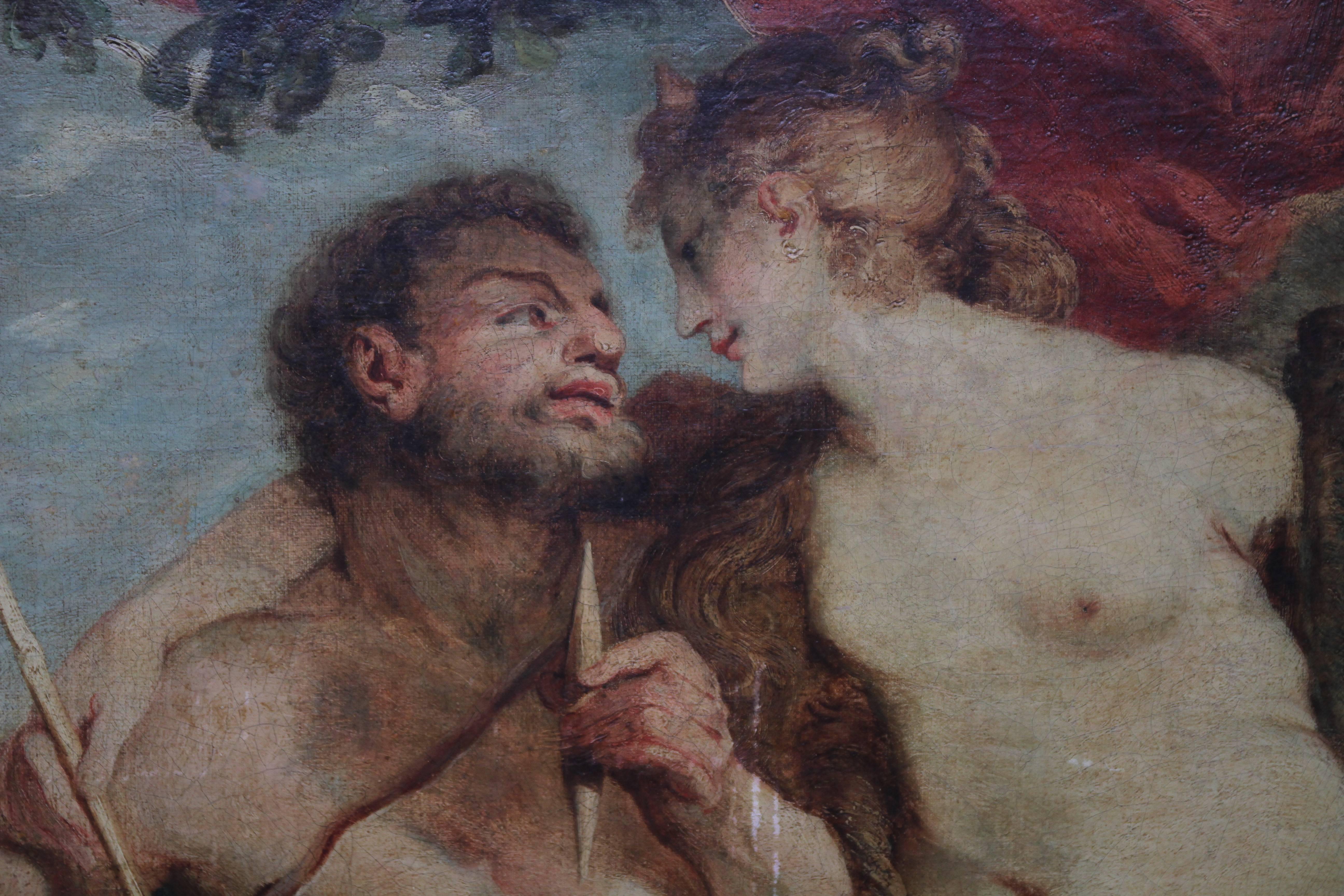 An original very large French Old Master oil on canvas.  It is attributed to circle of Francois Lemoyne and was painted circa 1735 and depicts Hercules and Ompale. The painting composition is Francois Lemoyne's painting of Hercules and Omphale but