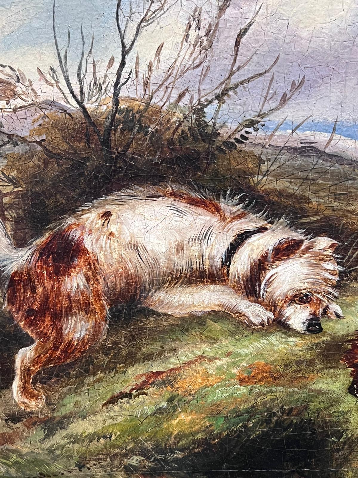 Fine Victorian English Oil Painting Three Terrier Dogs by Rabbit Hole landscape For Sale 4