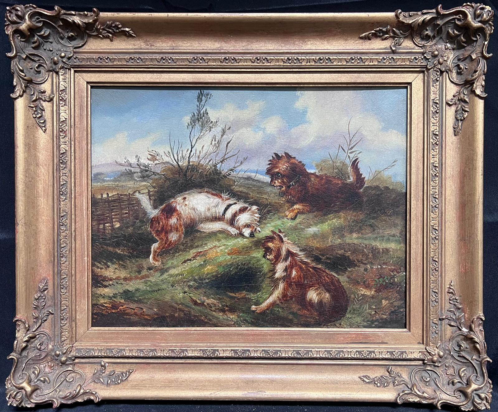 Belle peinture à l'huile anglaise victorienne représentant trois chiens de terriers par un paysage en trou de lapin