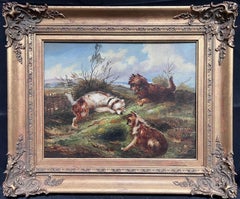 Fine Victorian English Oil Painting Three Terrier Dogs by Rabbit Hole landscape