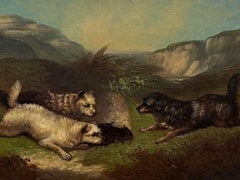 Pintura al óleo fina victoriana inglesa Tres perros Terrier Highland Rabbit Hole