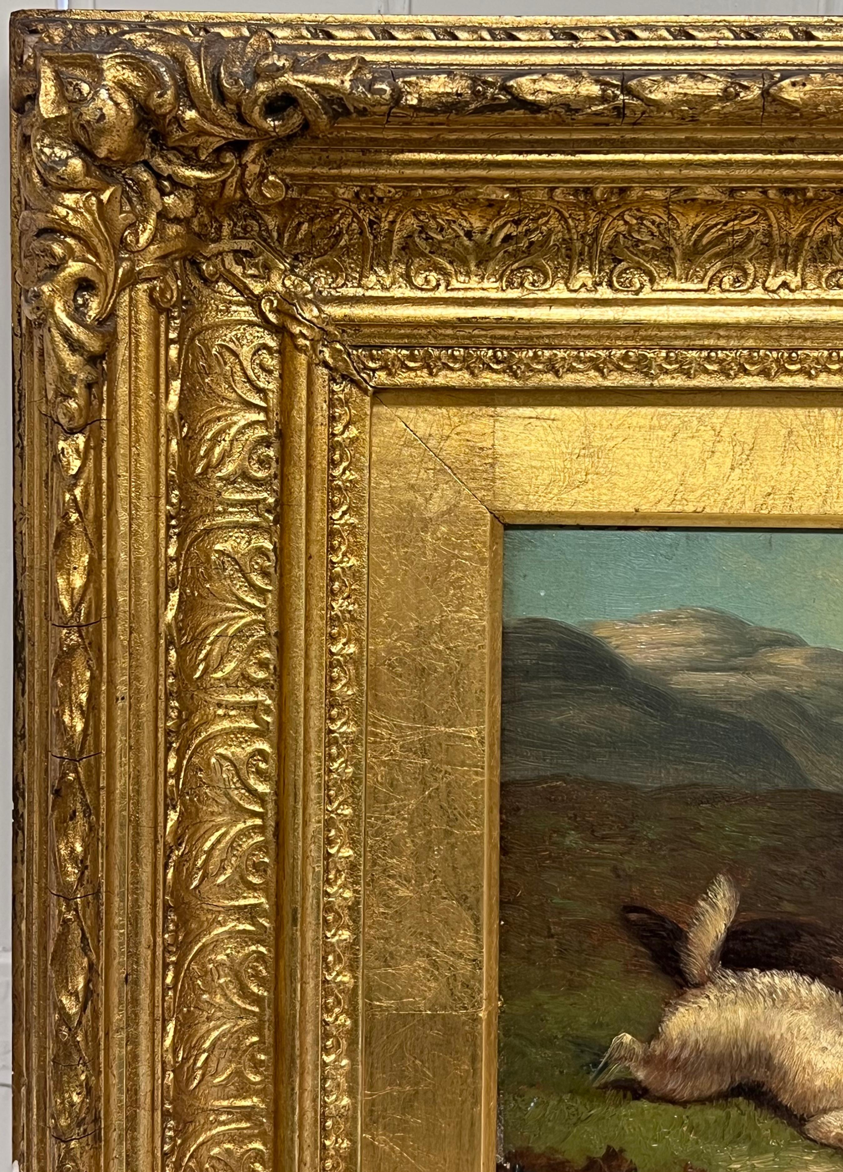 Pittura ad olio inglese vittoriana di pregio con tre cani terrier Highland Rabbit Hole - Animal Painting Marrone di Circle of George Armfield (1808-1893)
