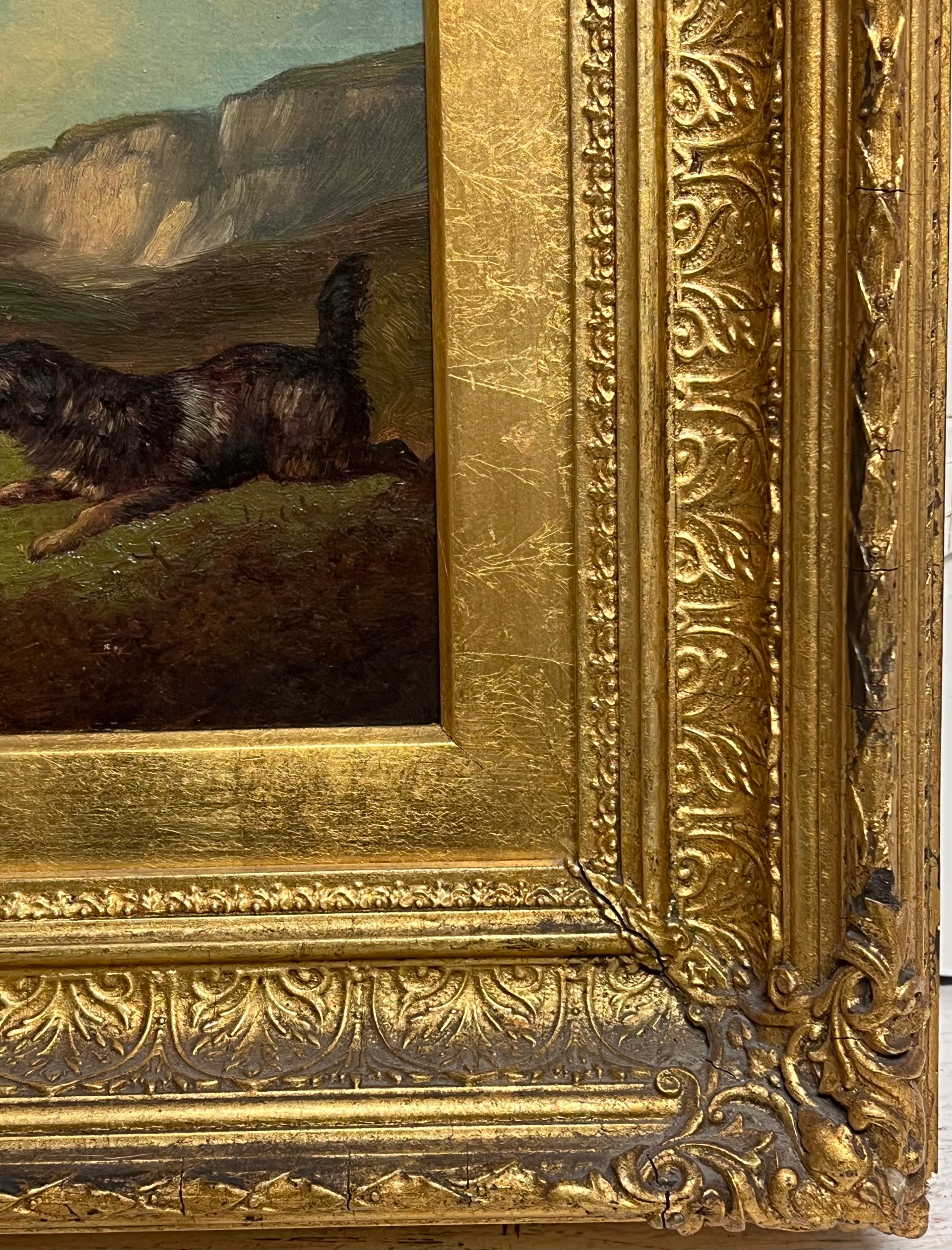 Pittura ad olio inglese vittoriana di pregio con tre cani terrier Highland Rabbit Hole in vendita 1