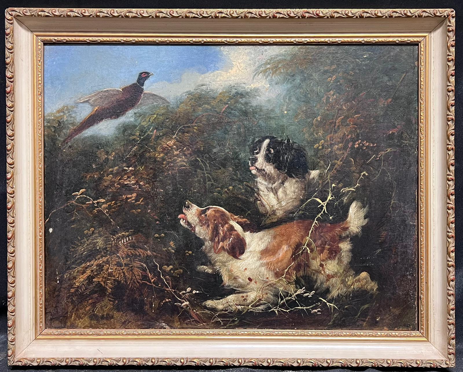 Victorian Sporting Oil Painting Spaniel Dogs Putting up Pheasant in Landscape For Sale 1