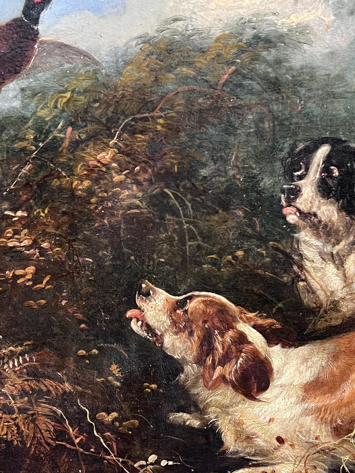 Victorian Sporting Oil Painting Spaniel Dogs Putting up Pheasant in Landscape For Sale 3