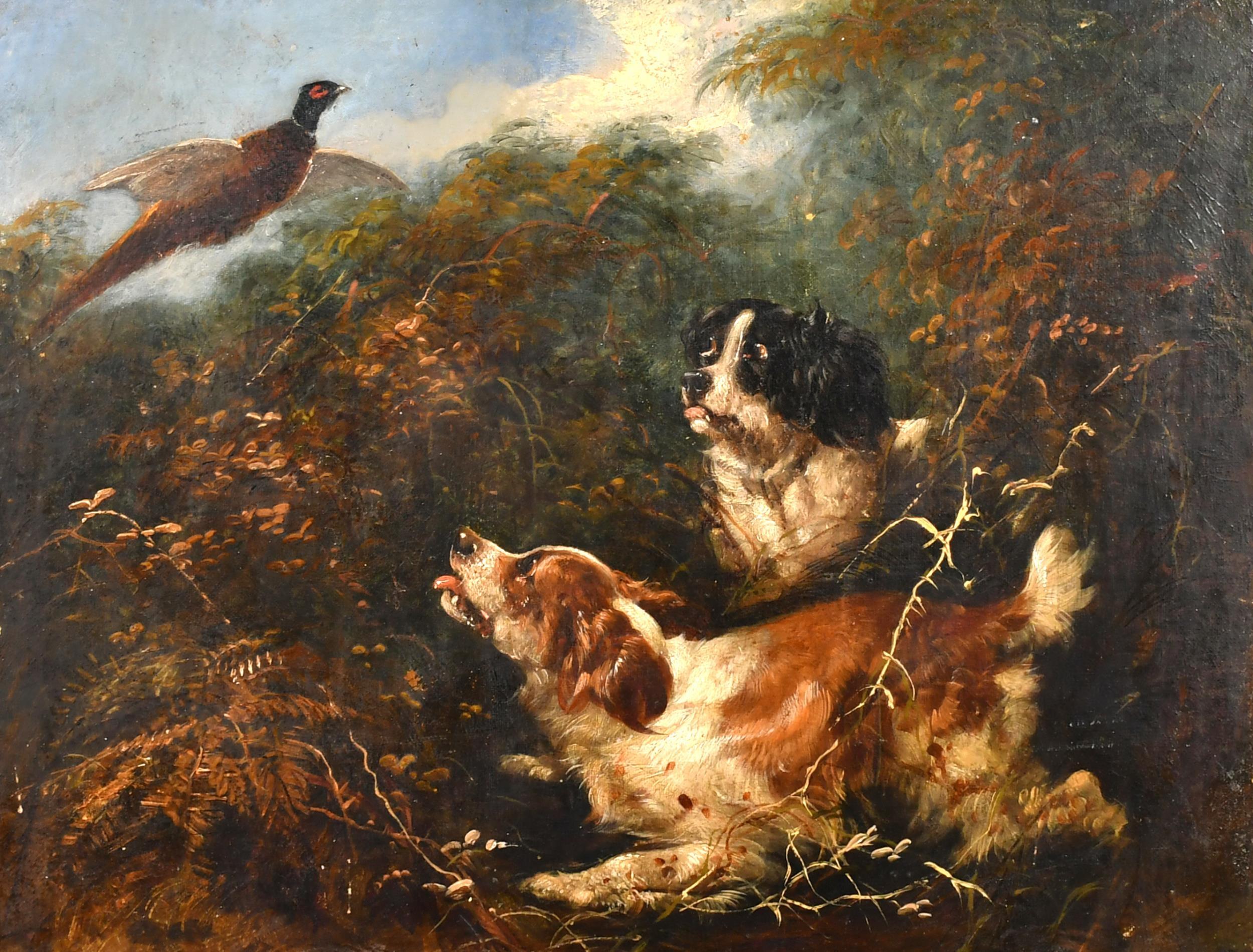 Circle of George Armfield (1808-1893) Animal Painting - Victorian Sporting Oil Painting Spaniel Dogs Putting up Pheasant in Landscape