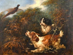 Victorian Sporting Oil Painting Spaniel Dogs Putting up Pheasant in Landscape