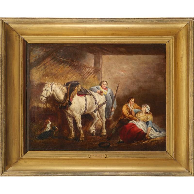 Pittura a olio inglese dei primi anni del 1800: stalliere di campagna, cavallo e figure - Painting di circle of George Morland
