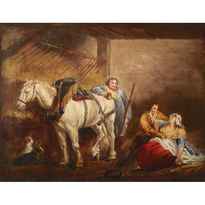 circle of George Morland Figurative Painting - Early 1800's English Oil Painting The Country Stable Groom Horse & Figures