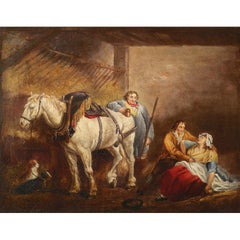 Antique Early 1800's English Oil Painting The Country Stable Groom Horse & Figures