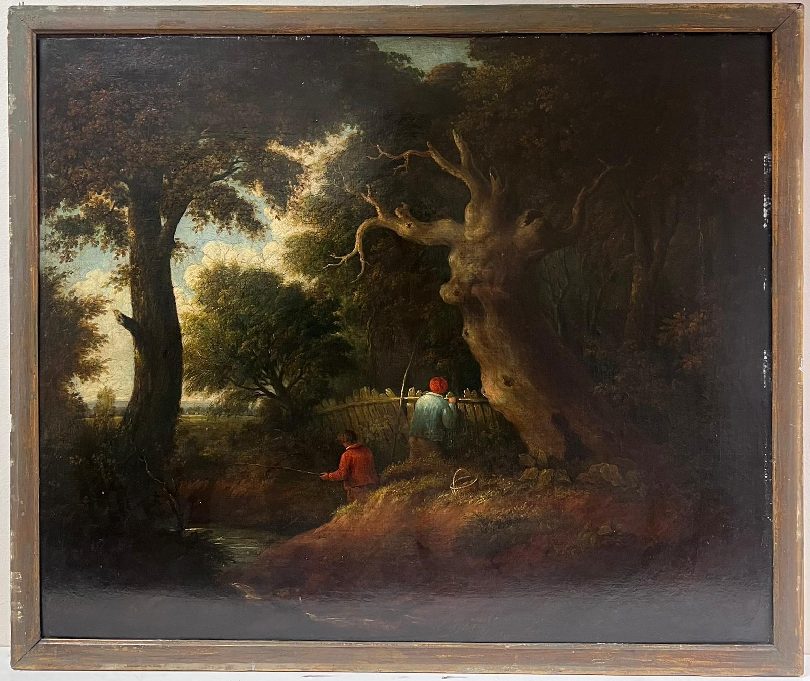 Fishing the Woodland Pool
English School, very early 1800's
circle of George Morland *see notes below
oil on board, framed
framed: 27 x 31.5 inches
board : 25 x 30 inches
provenance: private collection, England
condition: some frame rubbing to the