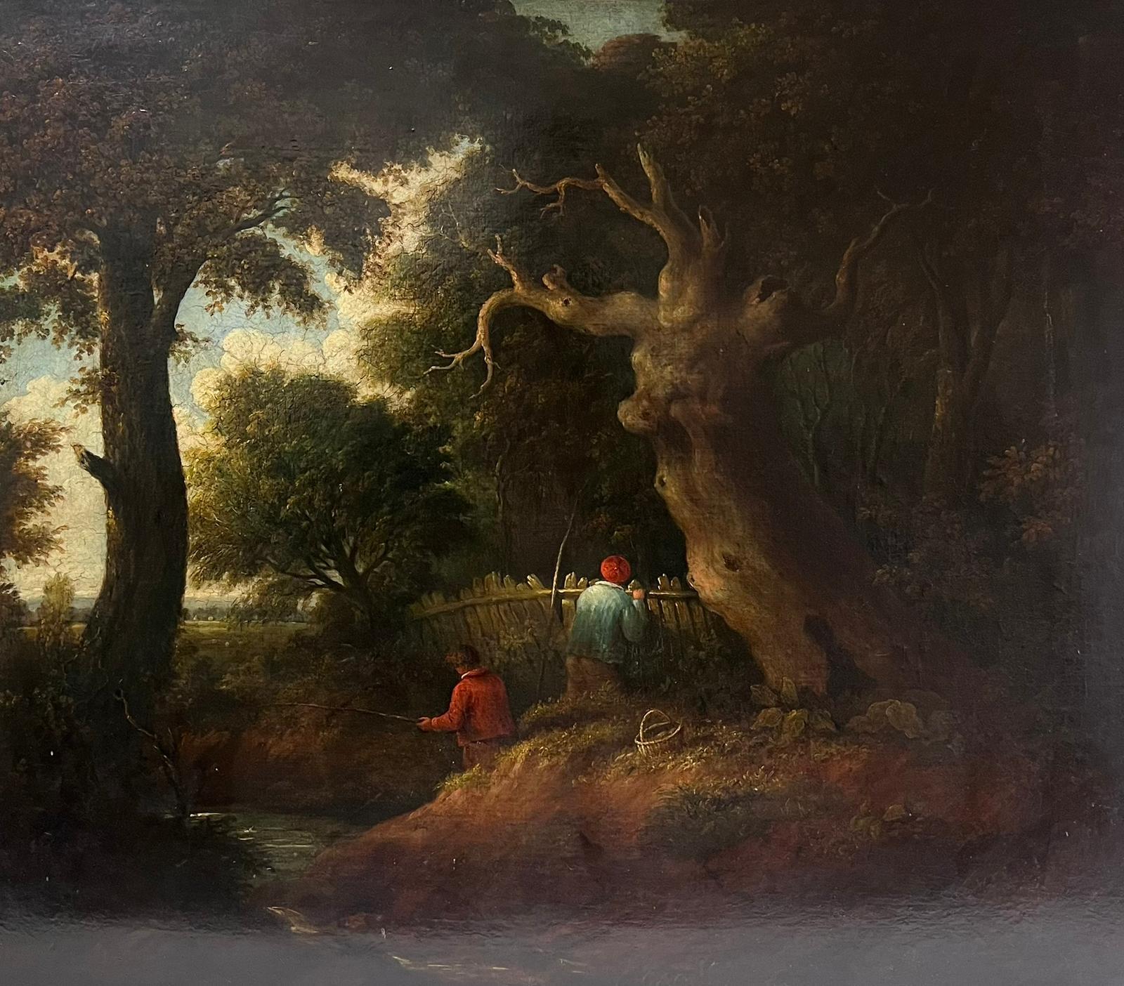 circle of George Morland Figurative Painting – Englische große Ölgemäldefiguren in Holzlandschaft, frühes 19. Jahrhundert