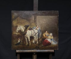Large Early 1800's English Oil Painting Figures Carousing in Stable Interior