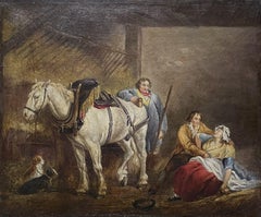 Large Early 1800's English Oil Painting Figures Carousing in Stable Interior