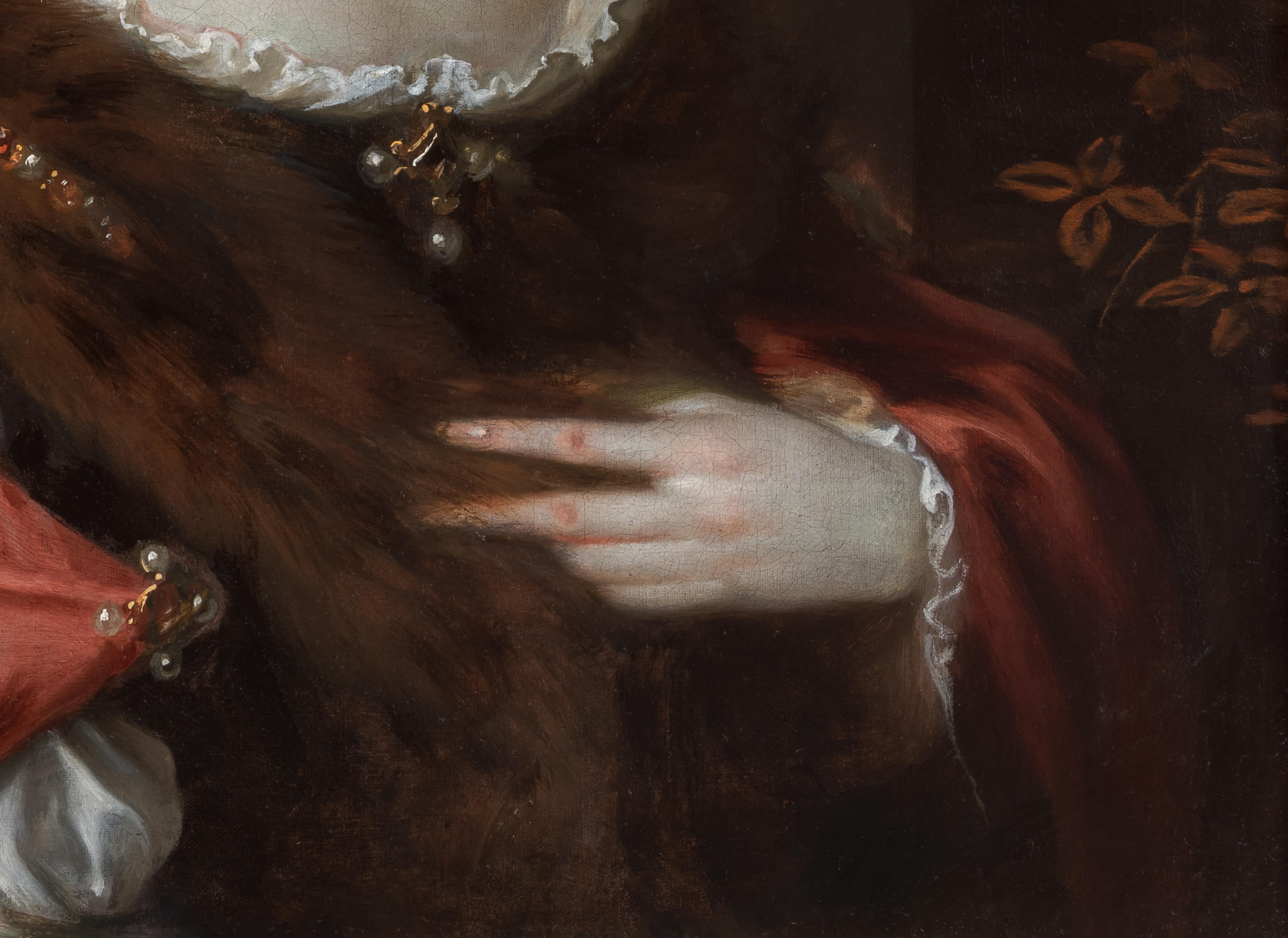 Portrait of a Lady with Crimson Wrap & Fur c.1675 Fine Dutch Old Master Painting For Sale 3