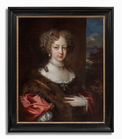 Portrait d'une dame avec porte-feuille et fourrure de cramoisi, vers 1675, belle peinture de maître antique hollandaise