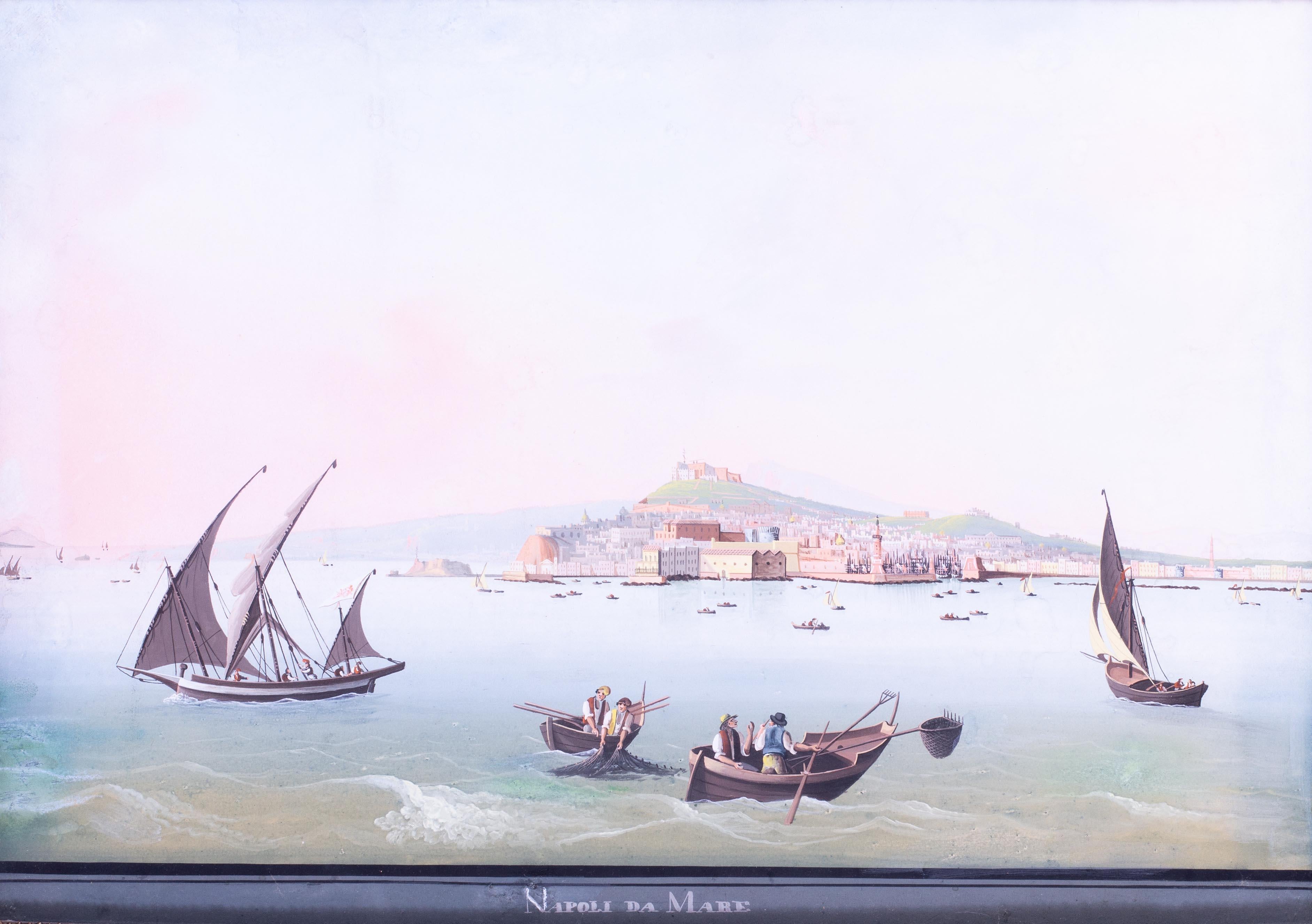 Dipinto a guazzo italiano del XIX secolo raffigurante il Vesuvio e Napoli, in estate - Painting di Circle of Gioacchino La Pira