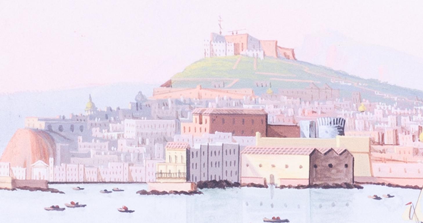 Peinture à la gouache italienne du XIXe siècle représentant le mont Vésuve et Naples en été - Gris Landscape Painting par Circle of Gioacchino La Pira